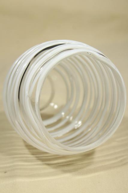 photo of hand blown art glass lamp shade, string squiggle white on clear glass, mod vintage #4