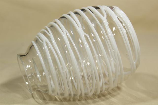 photo of hand blown art glass lamp shade, string squiggle white on clear glass, mod vintage #5
