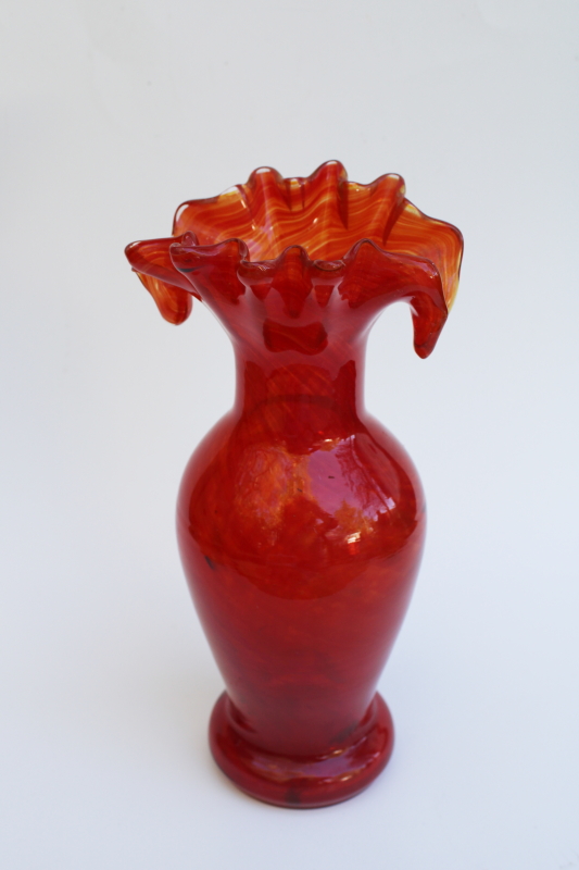 photo of hand blown art glass vase, mod vintage slag glass flame red crimped shape #1