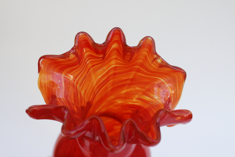 photo of hand blown art glass vase, mod vintage slag glass flame red crimped shape #2