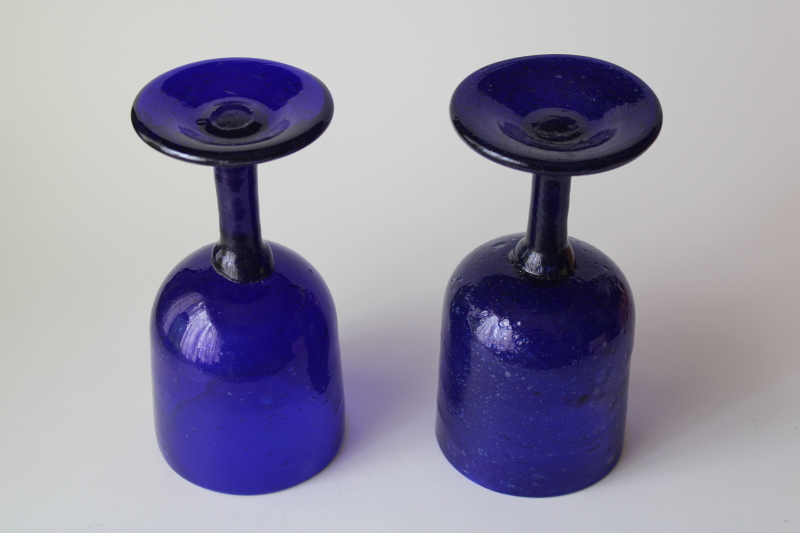 photo of hand blown bubble glass goblets, rustic wine glasses, vintage Mexican glass cobalt blue stemware #2