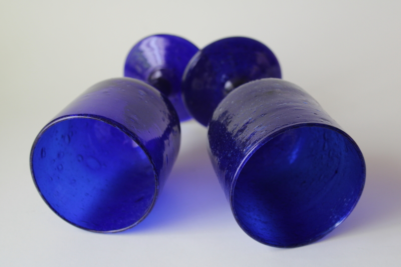photo of hand blown bubble glass goblets, rustic wine glasses, vintage Mexican glass cobalt blue stemware #3