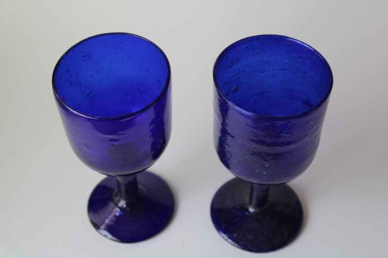 photo of hand blown bubble glass goblets, rustic wine glasses, vintage Mexican glass cobalt blue stemware #4