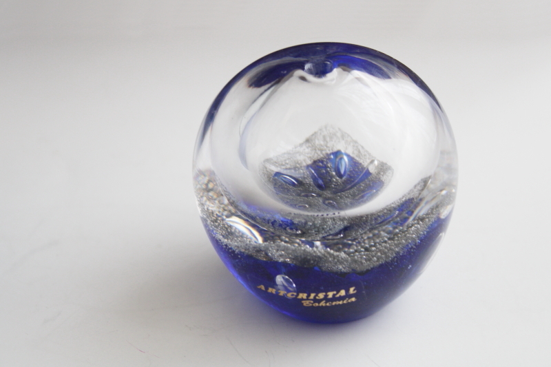 photo of hand blown cobalt blue / clear glass paperweight oil lamp, vintage Artcristal Bohemia label #1