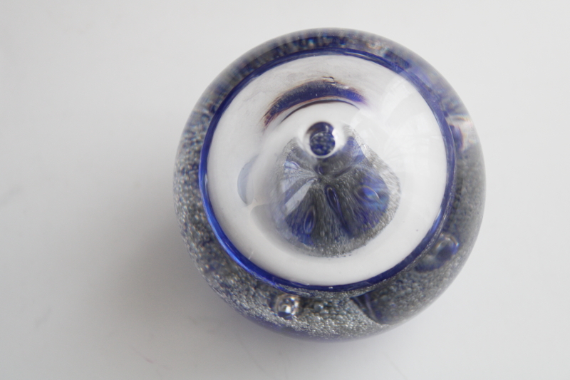 photo of hand blown cobalt blue / clear glass paperweight oil lamp, vintage Artcristal Bohemia label #2