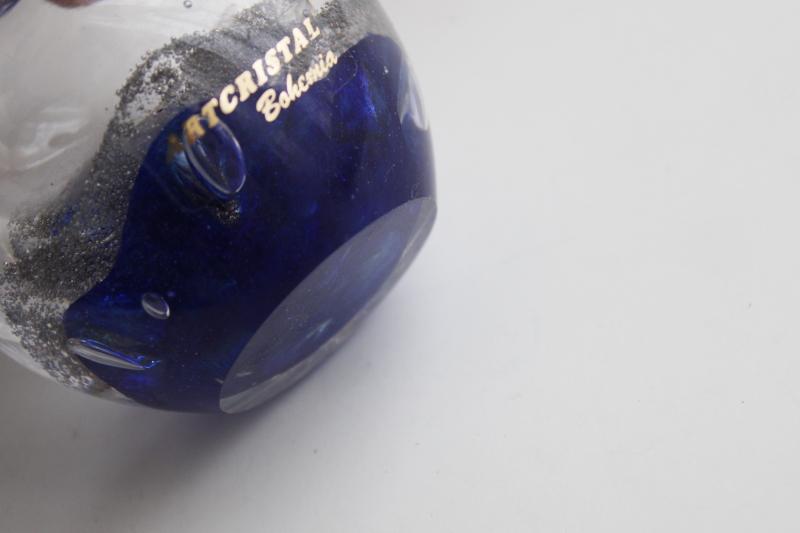 photo of hand blown cobalt blue / clear glass paperweight oil lamp, vintage Artcristal Bohemia label #3