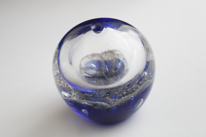 photo of hand blown cobalt blue / clear glass paperweight oil lamp, vintage Artcristal Bohemia label #4