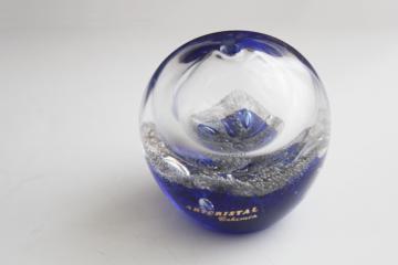 catalog photo of hand blown cobalt blue / clear glass paperweight oil lamp, vintage Artcristal Bohemia label