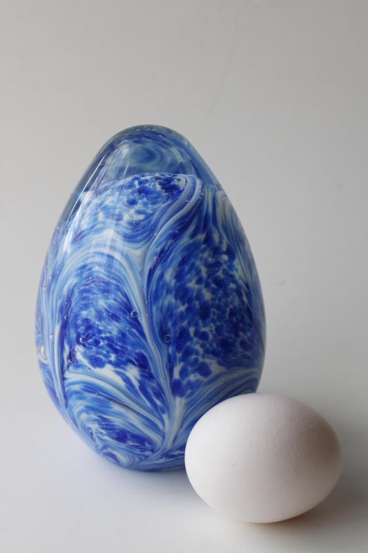 photo of hand blown glass Easter egg, giant size egg shape paperweight, blue swirled crystal #1