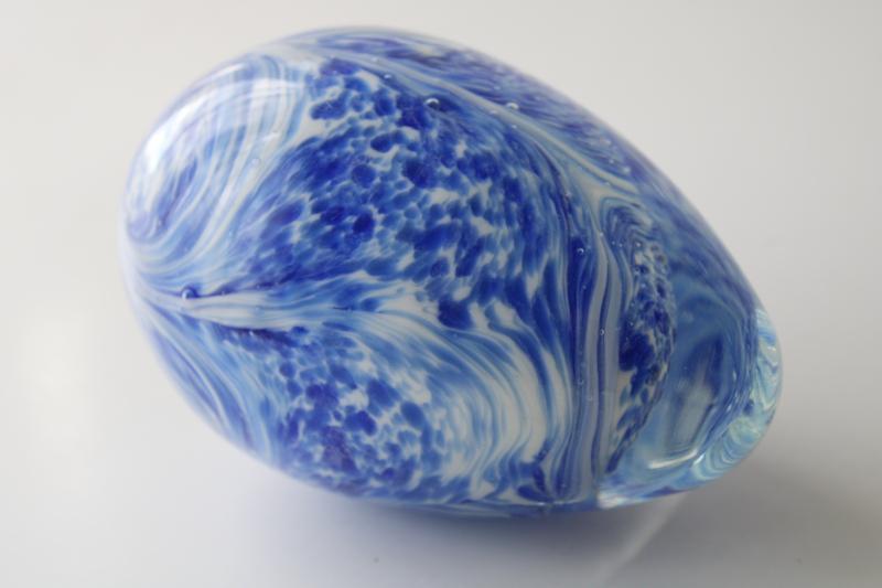 photo of hand blown glass Easter egg, giant size egg shape paperweight, blue swirled crystal #3