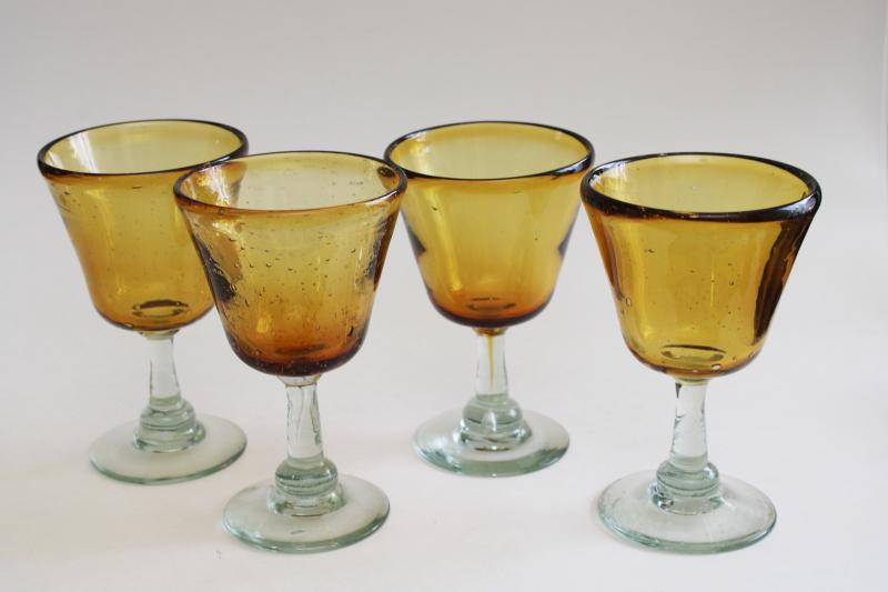 photo of hand blown glass cocktail glasses, amber & recycled green glass bar ware #1