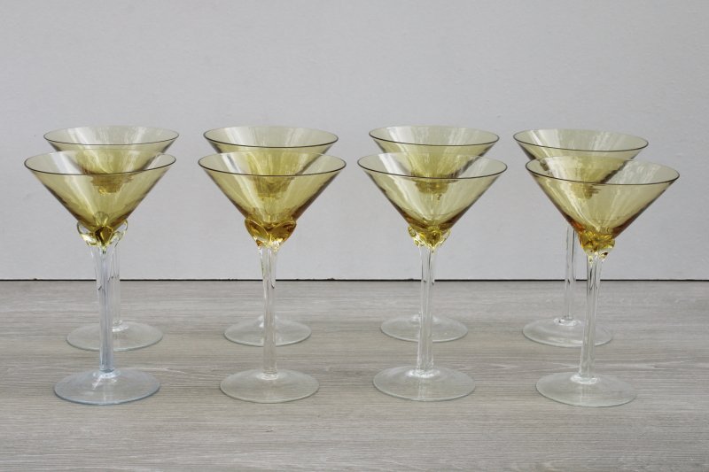photo of hand blown glass cocktail glasses set of 8, amber bowl clear petal stem stemware, large bar glasses #1