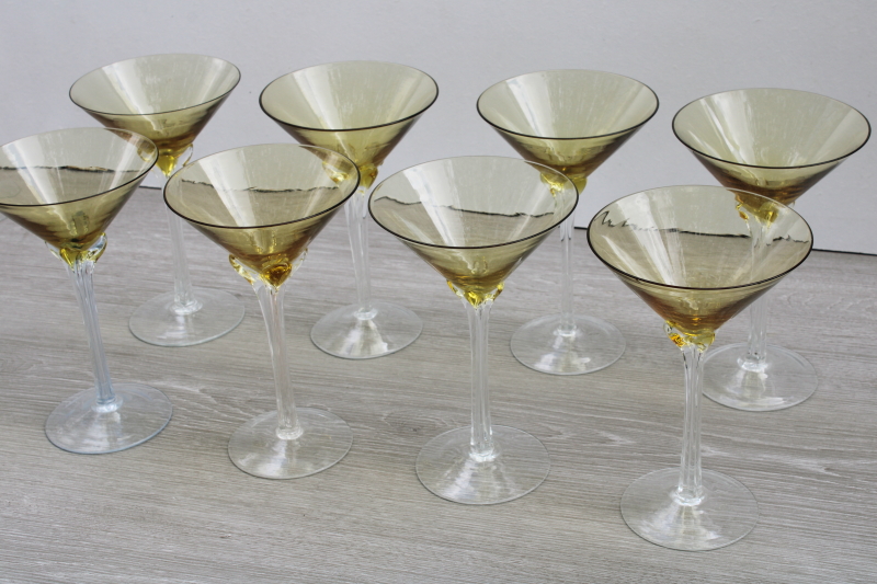 photo of hand blown glass cocktail glasses set of 8, amber bowl clear petal stem stemware, large bar glasses #3