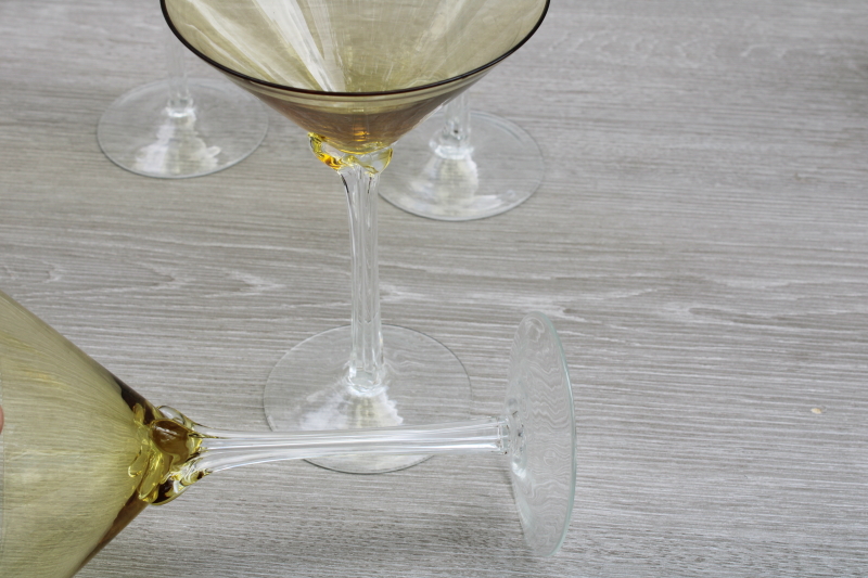 photo of hand blown glass cocktail glasses set of 8, amber bowl clear petal stem stemware, large bar glasses #4
