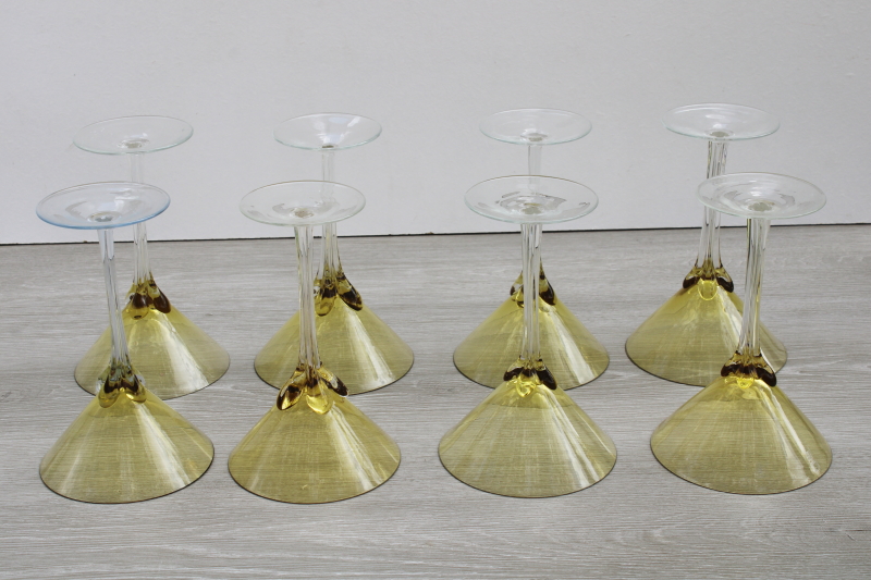 photo of hand blown glass cocktail glasses set of 8, amber bowl clear petal stem stemware, large bar glasses #5