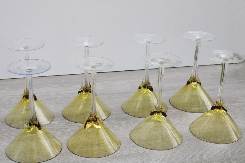 photo of hand blown glass cocktail glasses set of 8, amber bowl clear petal stem stemware, large bar glasses #6