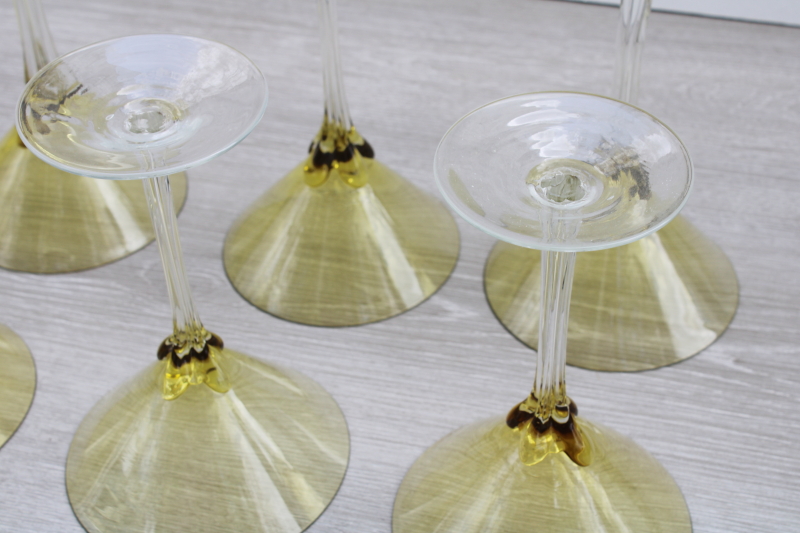 photo of hand blown glass cocktail glasses set of 8, amber bowl clear petal stem stemware, large bar glasses #7