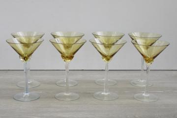 photo of hand blown glass cocktail glasses set of 8, amber bowl clear petal stem stemware, large bar glasses