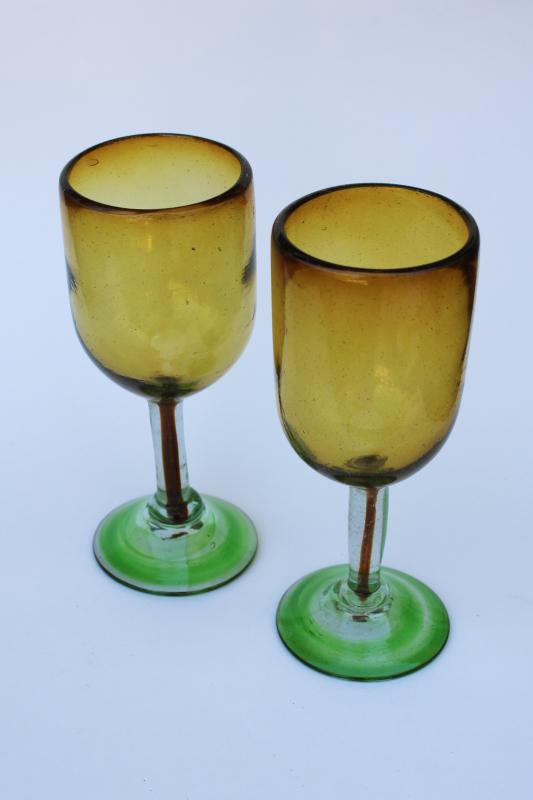 photo of hand blown glass goblets, big wine glasses amber brown w/ green stem & foot #1