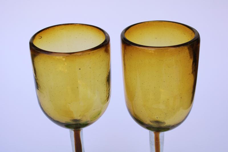 photo of hand blown glass goblets, big wine glasses amber brown w/ green stem & foot #3