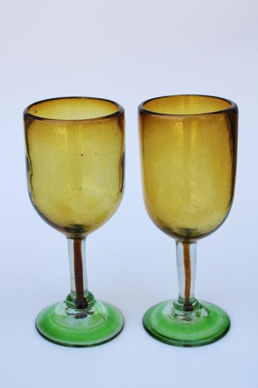 photo of hand blown glass goblets, big wine glasses amber brown w/ green stem & foot #4