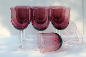 catalog photo of hand blown glass goblets, large wine or water glasses amethyst w/ clear glass stems