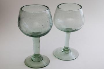 catalog photo of hand blown glass goblets, pale sea green recycled glass stemware, eco friendly