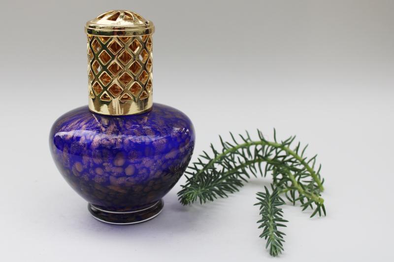 photo of hand blown glass perfume lamp oil burner, copper gold flecked cobalt blue  #1