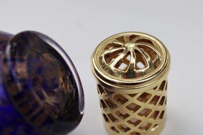 photo of hand blown glass perfume lamp oil burner, copper gold flecked cobalt blue  #4