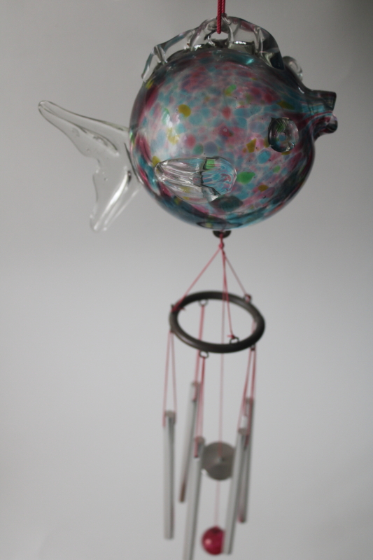 photo of hand blown glass puffer fish sun catcher wind chimes, vintage Murano style art glass round fish  #1