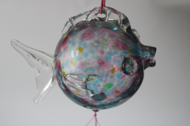 photo of hand blown glass puffer fish sun catcher wind chimes, vintage Murano style art glass round fish  #2