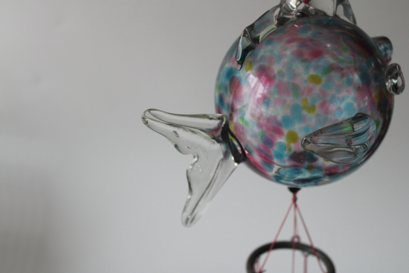 photo of hand blown glass puffer fish sun catcher wind chimes, vintage Murano style art glass round fish  #4