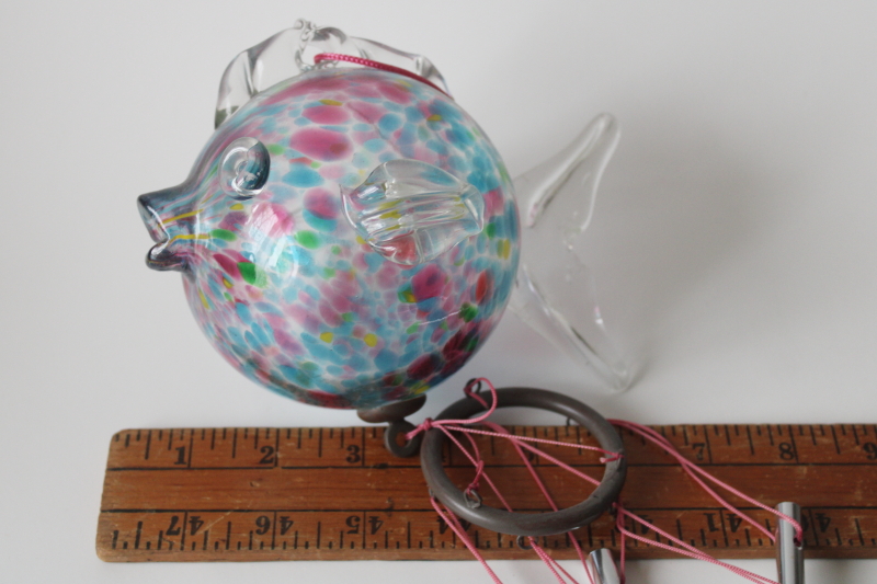 photo of hand blown glass puffer fish sun catcher wind chimes, vintage Murano style art glass round fish  #5