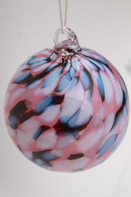 photo of hand blown glass witch ball, art glass suncatcher ornament blue & rose pink glass #2