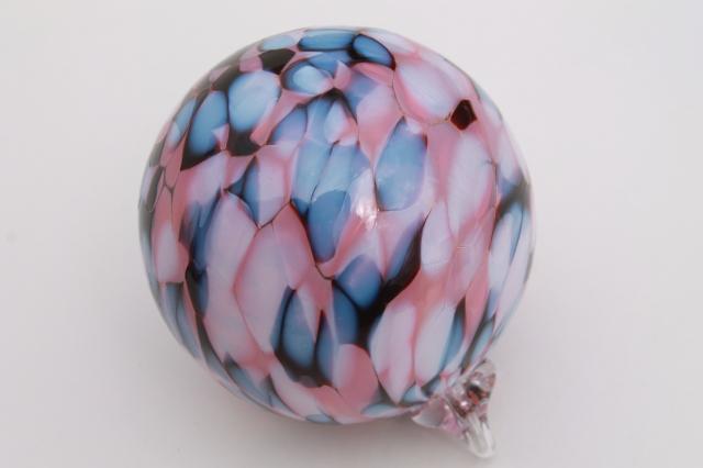 photo of hand blown glass witch ball, art glass suncatcher ornament blue & rose pink glass #3