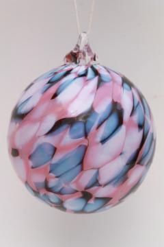 catalog photo of hand blown glass witch ball, art glass suncatcher ornament blue & rose pink glass