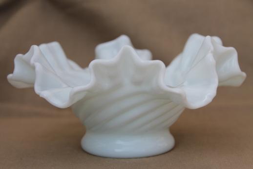 photo of hand blown milk glass bowl, crimped ruffle edge basket shape swirled glass dish #1