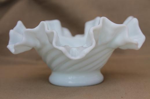 photo of hand blown milk glass bowl, crimped ruffle edge basket shape swirled glass dish #2