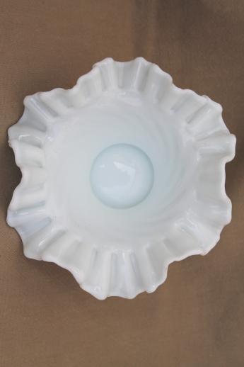 photo of hand blown milk glass bowl, crimped ruffle edge basket shape swirled glass dish #3