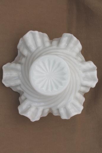 photo of hand blown milk glass bowl, crimped ruffle edge basket shape swirled glass dish #4