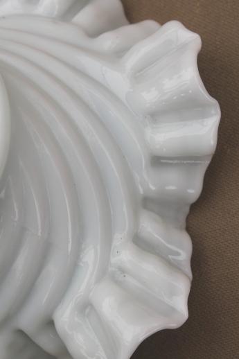 photo of hand blown milk glass bowl, crimped ruffle edge basket shape swirled glass dish #5