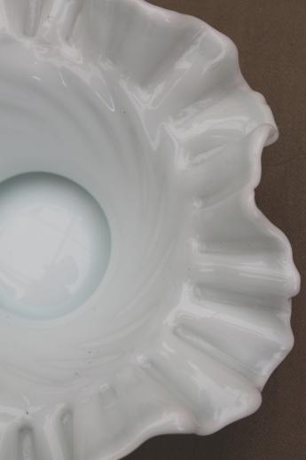 photo of hand blown milk glass bowl, crimped ruffle edge basket shape swirled glass dish #6