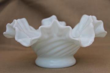 catalog photo of hand blown milk glass bowl, crimped ruffle edge basket shape swirled glass dish