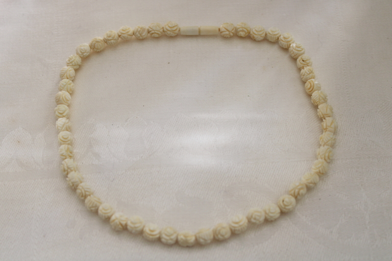 photo of hand carved bone beads necklace, antique vintage choker carved flowers beads #1