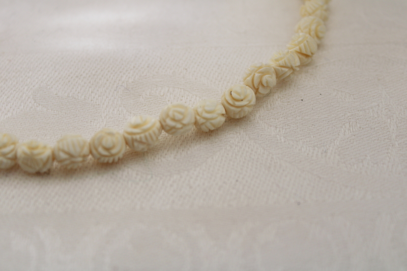 photo of hand carved bone beads necklace, antique vintage choker carved flowers beads #2