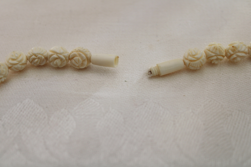 photo of hand carved bone beads necklace, antique vintage choker carved flowers beads #3