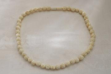 hand carved bone beads necklace, antique vintage choker carved flowers beads