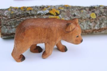 hand carved wood brown bear figurine, handcrafted folk art, rustic woodland decor 