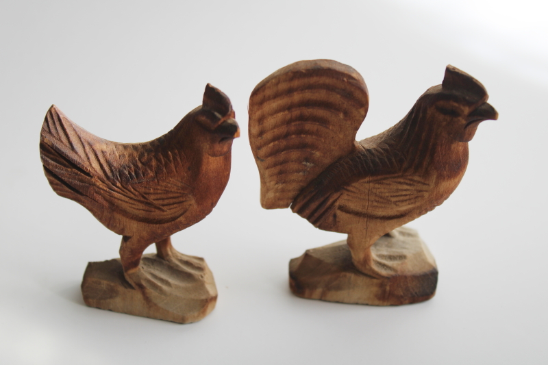 photo of hand carved wood chickens, rustic natural finish hen rooster figurines modern farmhouse style #2