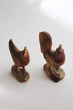 catalog photo of hand carved wood chickens, rustic natural finish hen rooster figurines modern farmhouse style